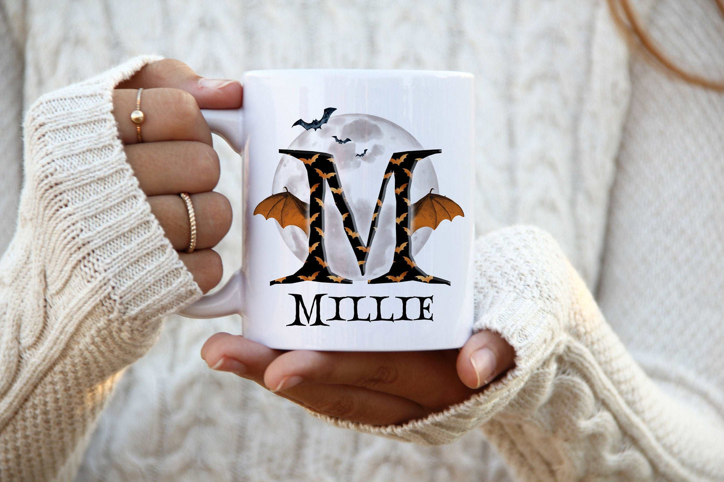 Halloween Bat Wing Alphabet Mug - White