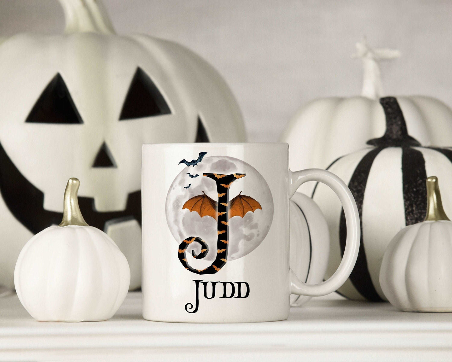 Halloween Bat Wing Alphabet Mug - White