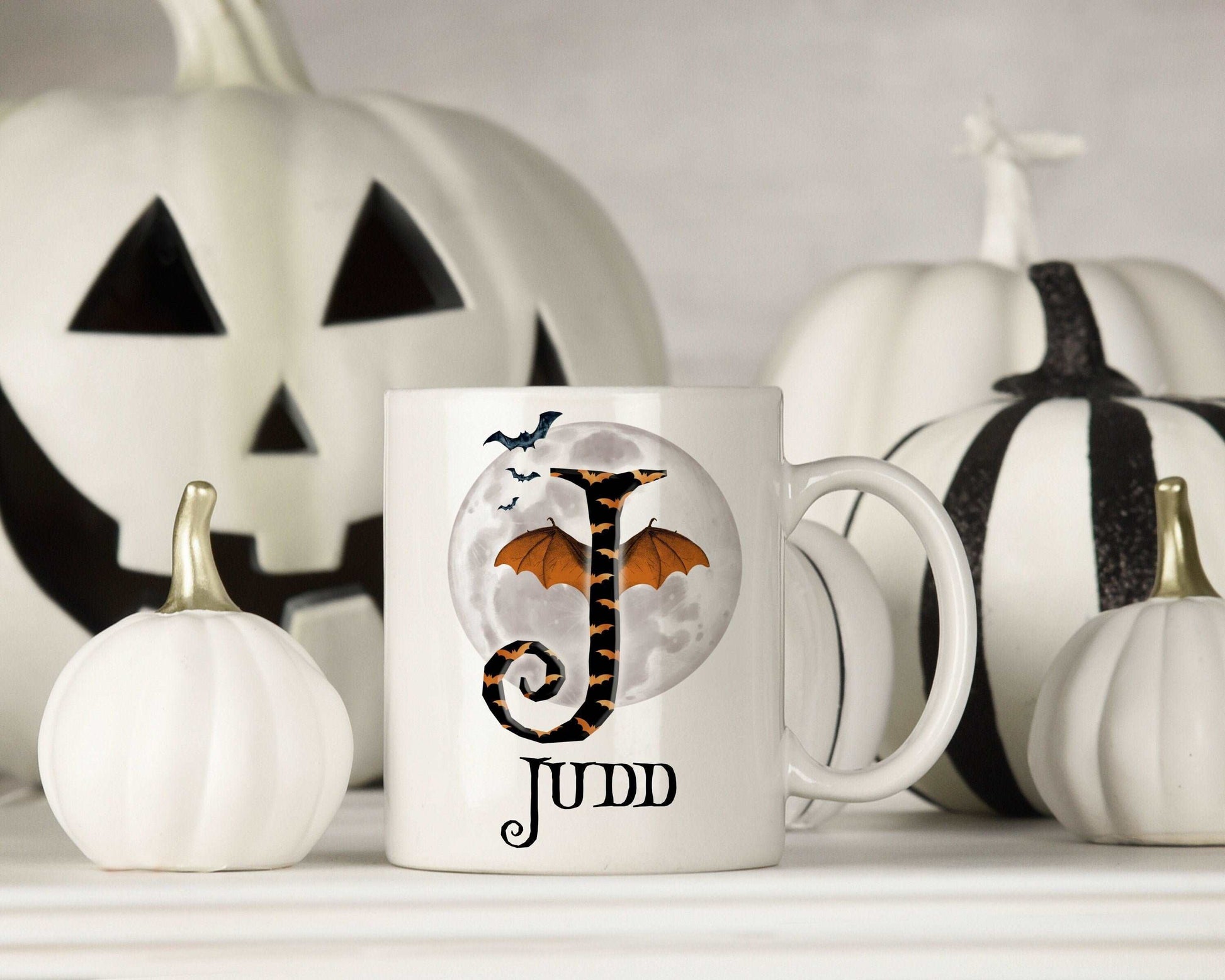 Halloween Bat Wing Alphabet Mug - White