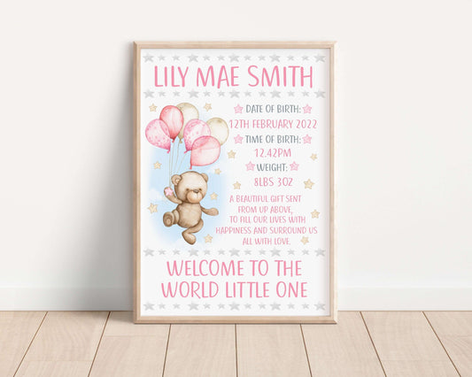 Pink Bear Birth Stat Print