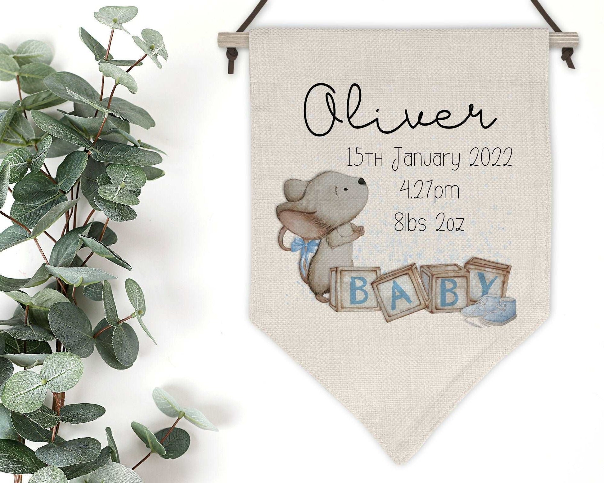 Personalised blue mouse nursery wall hanging