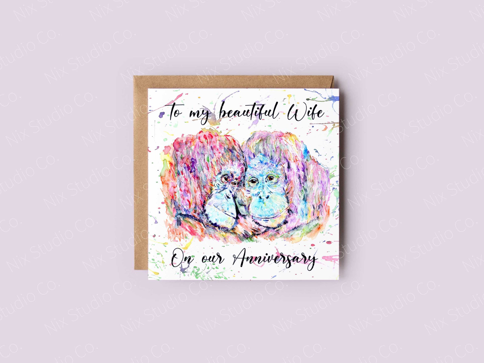 anniversary card with the text to my beautiful wife on out anniversary printed above colourful watercolour style image of two apes